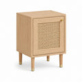 Table de chevet 1 porte beige en MDF plaqué chêne avec cannage en rotin 45 x 35 x 60 cm