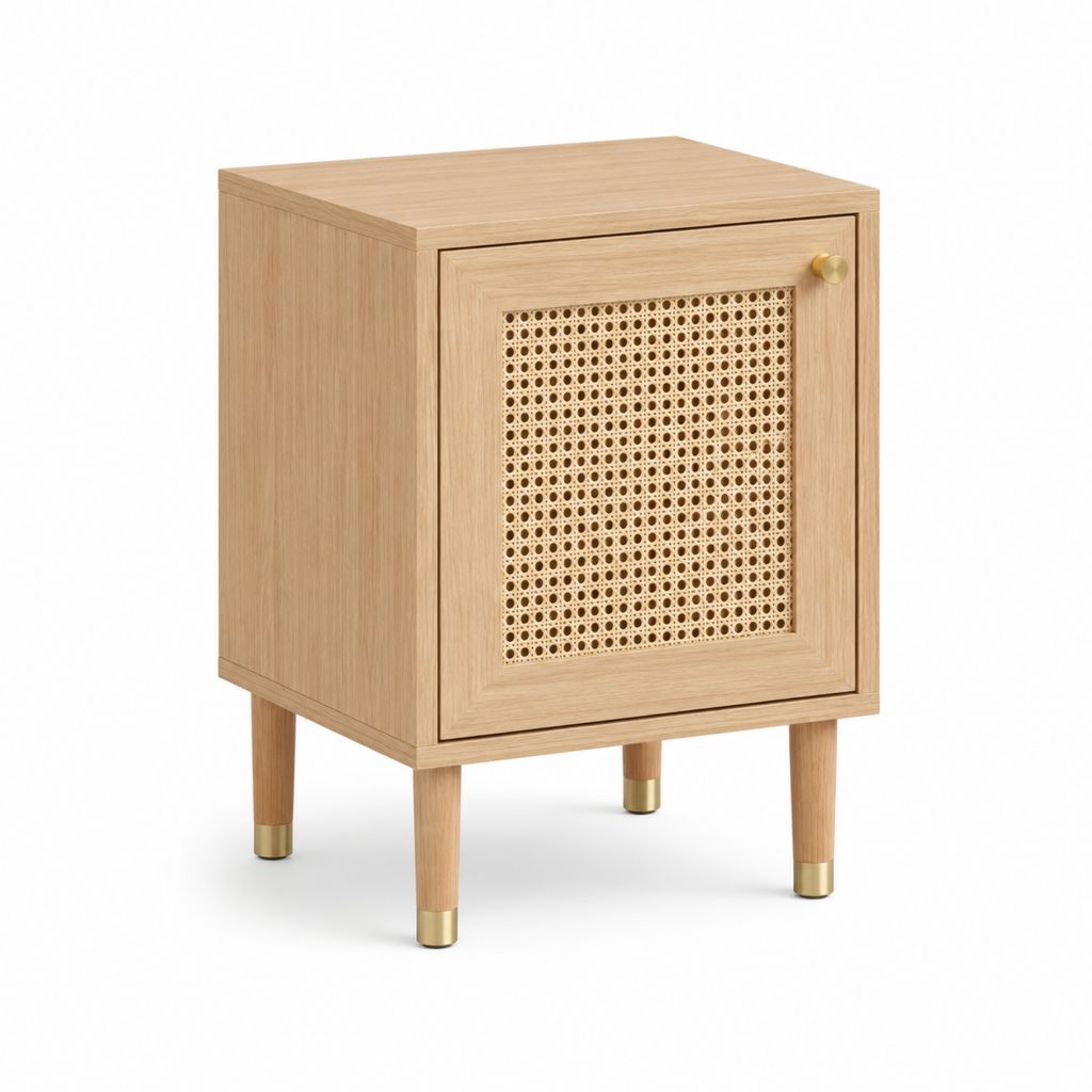 Table de chevet 1 porte beige en MDF plaqué chêne avec cannage en rotin 45 x 35 x 60 cm