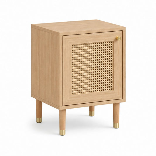 Table de chevet 1 porte beige en MDF plaqué chêne avec cannage en rotin 45 x 35 x 60 cm