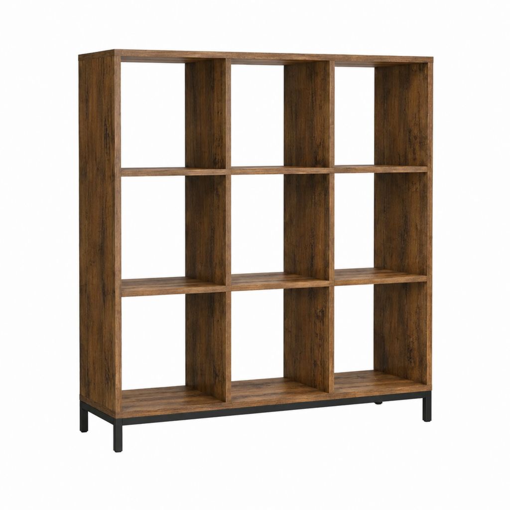 Bibliothèque rectangulaire 9 cases marron foncé en panneaux de particules et acier 120 x 30 x 180 cm