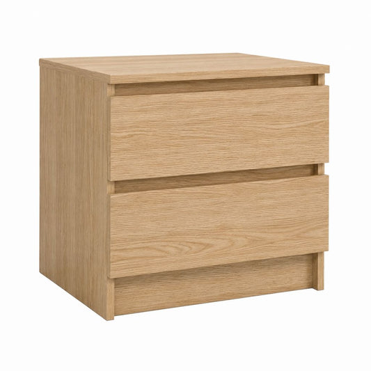 Table de chevet à 2 tiroirs chêne clair en panneaux de particules mélaminés 45 x 40 x 55 cm