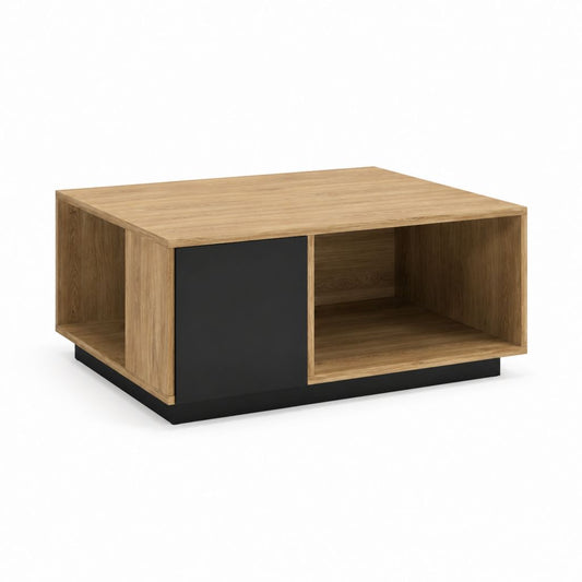 Table basse avec rangement chêne naturel et noir en panneaux de particules rectangulaire 100 x 60 x 40 cm