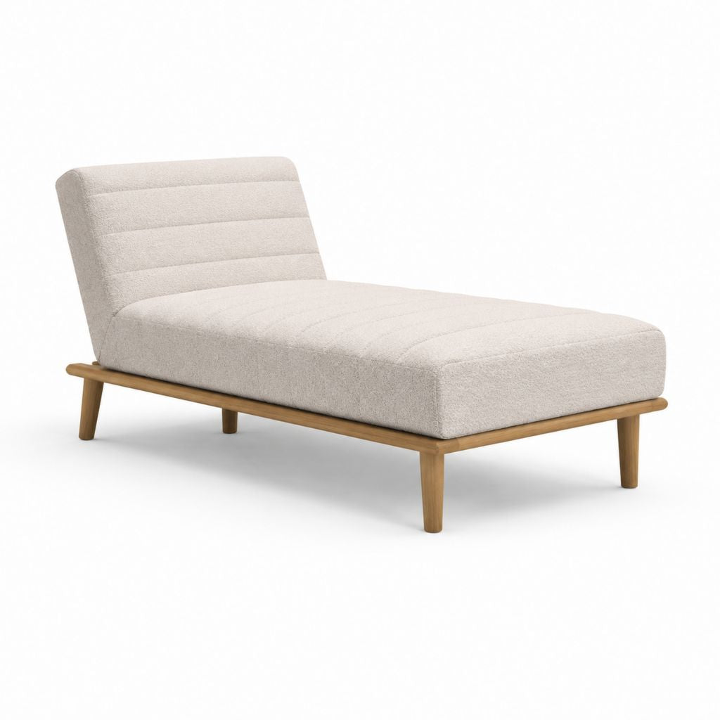 Méridienne rectangulaire beige en polyester bouclé et bois massif d'hévéa 170 x 85 x 78 cm