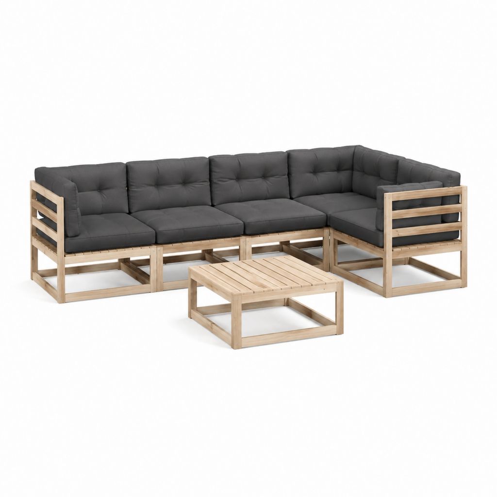 Salon de jardin d'angle 5 pièces en pin massif naturel avec coussins polyester anthracite 210 x 140 x 67 cm