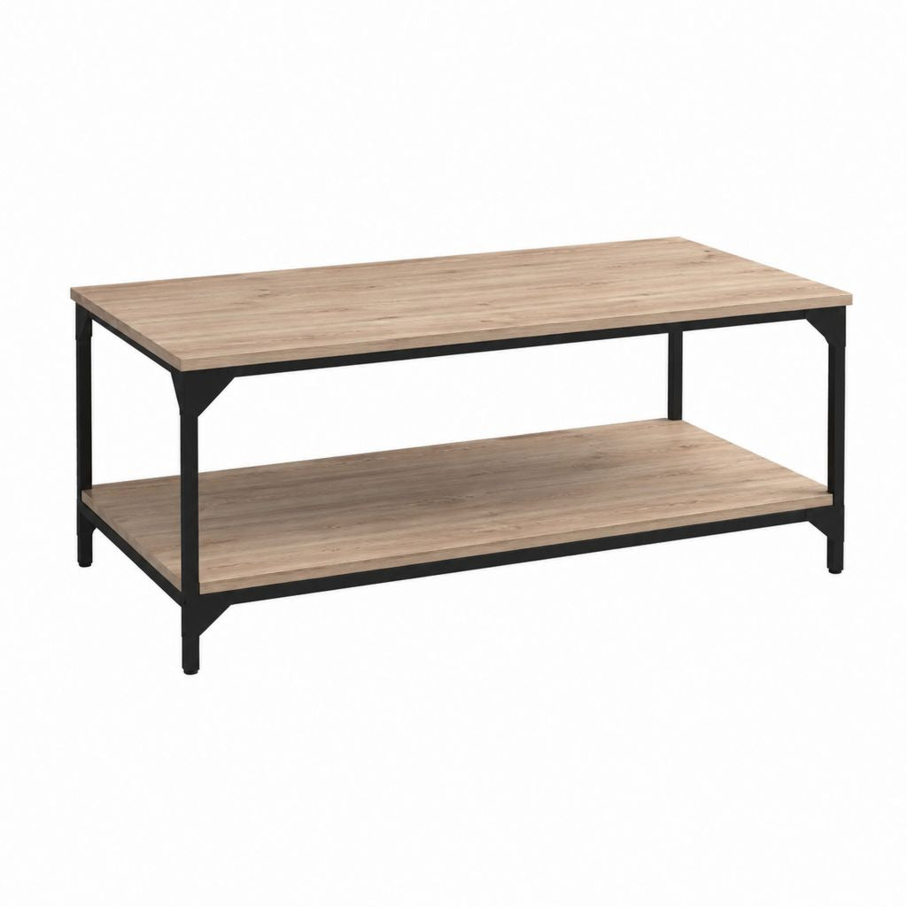 Table basse rectangulaire chêne clair et noir en panneau MDF mélaminé et acier 100 x 50 x 45 cm avec étagère