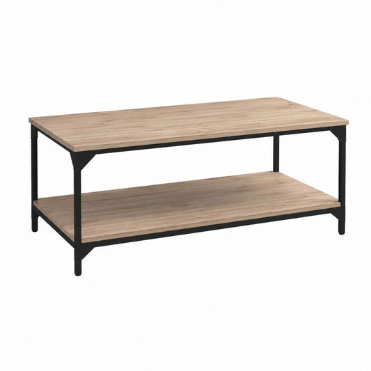 Table basse rectangulaire chêne clair et noir en panneau MDF mélaminé et acier 100 x 50 x 45 cm avec étagère