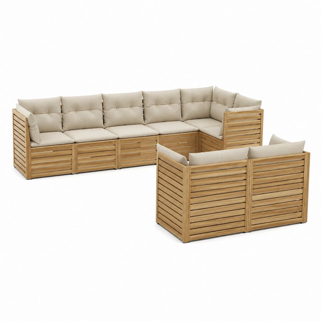 Salon de jardin modulable 7 places en acacia massif beige 330 x 65 x 60 cm