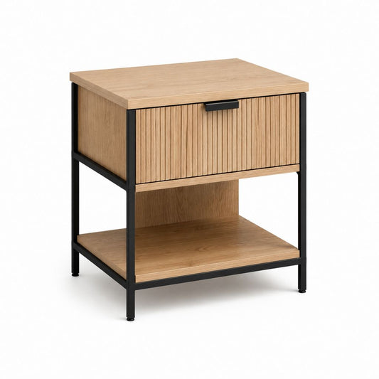 Table de chevet avec tiroir et étagère chêne clair MDF acier noir 45 x 40 x 55 cm