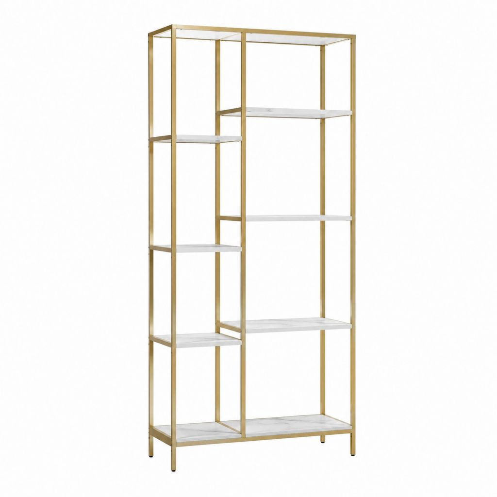 Bibliothèque ouverte 7 étagères blanc marbré et doré en acier et MDF 100 x 35 x 200 cm