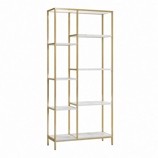 Bibliothèque ouverte 7 étagères blanc marbré et doré en acier et MDF 100 x 35 x 200 cm