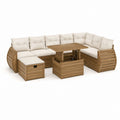 Salon de jardin d'angle 6 places en acacia massif brun avec coussins crème table relevable 230 x 230 cm