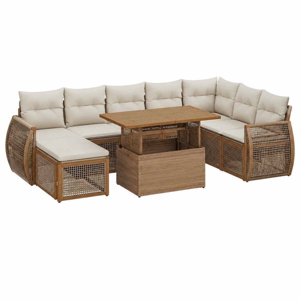 Salon de jardin d'angle 6 places beige et marron en bois d'acacia avec coussins en polyester 300 x 220 x 76 cm
