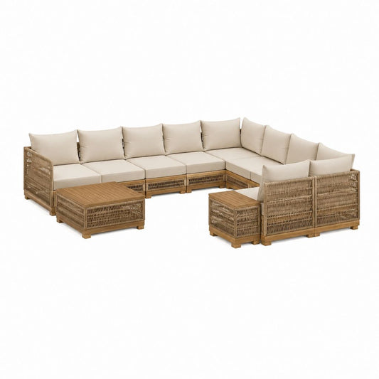 Salon de jardin modulable 10 pièces beige en acacia massif et corde PE tressée en L 300 x 240 x 70 cm