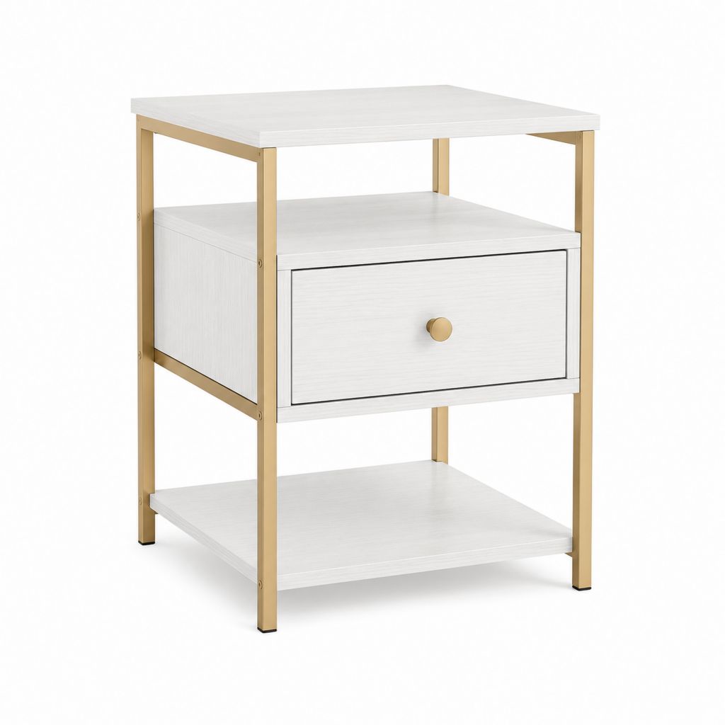 Table de chevet blanche et dorée en panneau de particules et acier 40 x 40 x 60 cm avec tiroir et 2 étagères