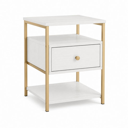 Table de chevet blanche et dorée en panneau de particules et acier 40 x 40 x 60 cm avec tiroir et 2 étagères